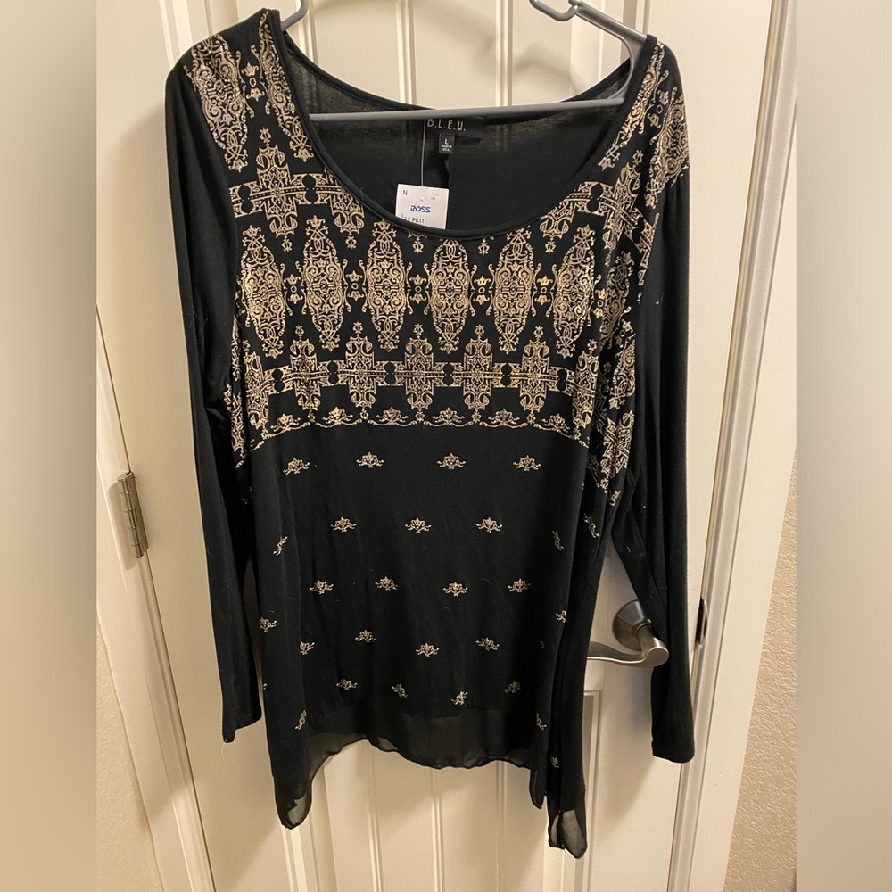 NWT BLEU L Top Long Sleeve Blouse Black With Gold Graphic Chiffon Trim Large Lg